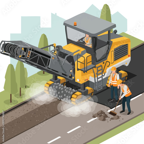 Isometric Vector Illustration of Asphalt Milling Machine on Road Construction Site with Workers