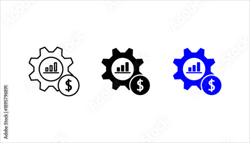 Minimal line icon illustrating business growth and financial management, featuring a gear with an upward bar chart and dollar symbol. Ideal for concepts of economics, profit optimization, strategy, pr