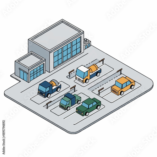 Warehouse with Trucks and Vehicles Parked Inside.