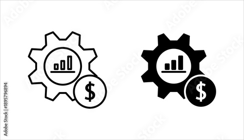 Minimal line icon illustrating business growth and financial management, featuring a gear with an upward bar chart and dollar symbol. Ideal for concepts of economics, profit optimization, strategy, pr