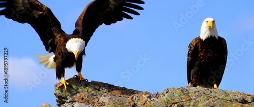 Wallpaper Mural Majestic Bald Eagles: Spreading Wings on Rocky Peak Against Blue Sky Torontodigital.ca