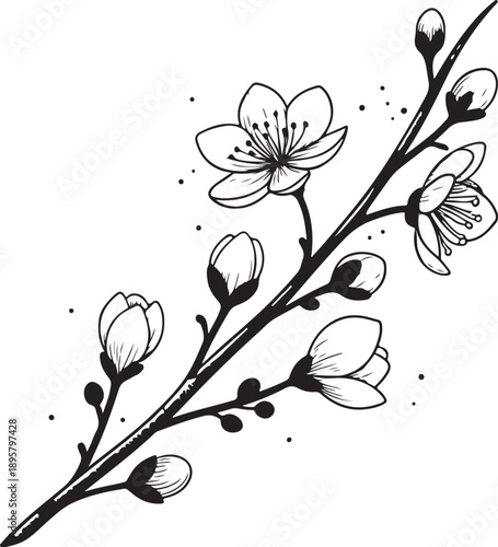 Artistic black and white drawing of a blossoming branch with flowers and buds, accented with subtle dots for a modern, delicate touch.