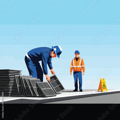 Construction Workers Installing Storm Drain Grates. Utility Crew Performing Infrastructure Maintenance and Road Repair.