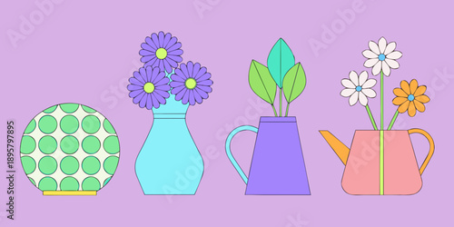 Colorful floral arrangement in vases with dotted sphere illustration