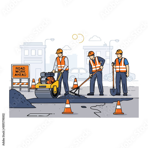 Road Construction Crew Paving Street. Infrastructure Repair, Workers Using Asphalt Compactor and Shovel. Line Art Illustration.