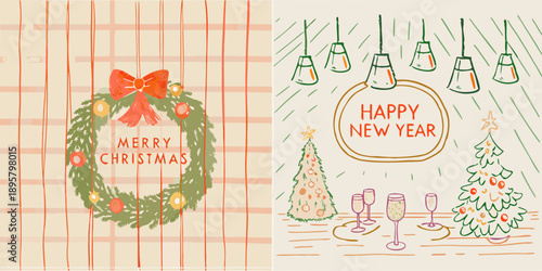 Festive new year and christmas illustrations with wreaths trees and celebratory details