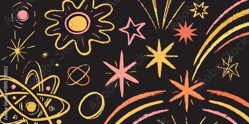 Colorful chalk drawing of planets stars and celestial fireworks on black