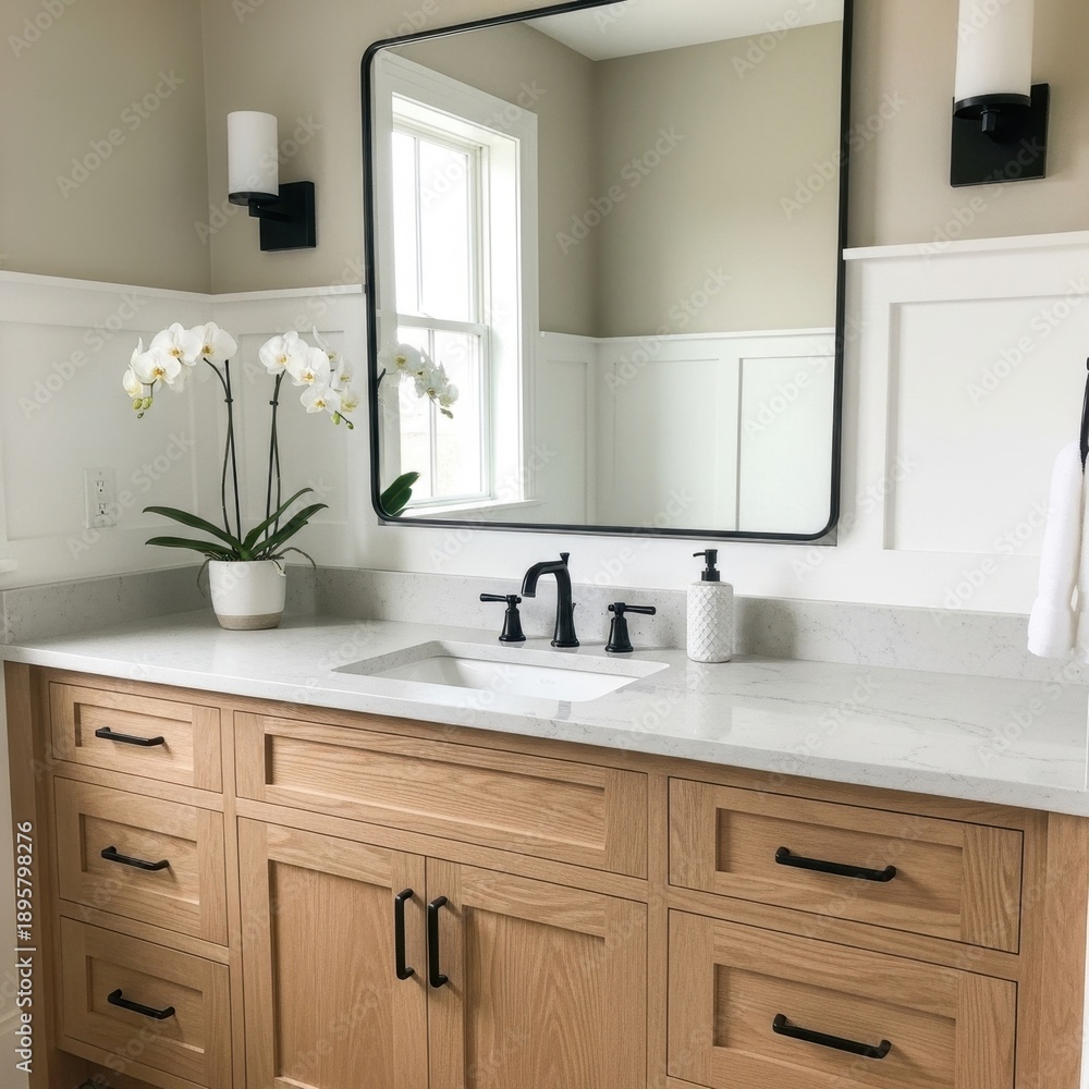Fototapeta premium Bathroom Vanity with Modern Mirror and Orchid Arrangement.