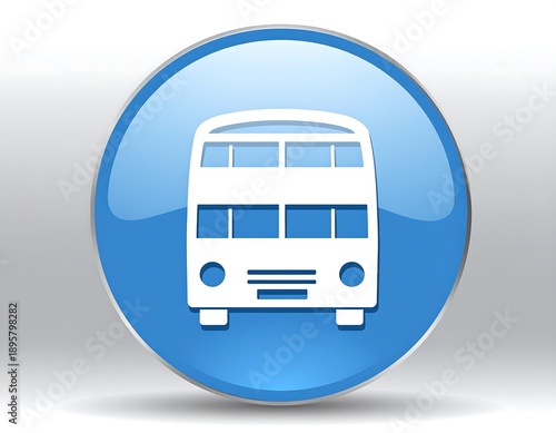 Double-decker bus icon displayed in a shiny, light blue button with a gray gradient background