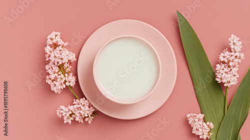 Minimal Cup of Milk with Pink Spring Flowers and Green Leaves on a Soft Mocha Background Creating a Floral Flat Lay for Wellness and Seasonal Marketing Copy Space