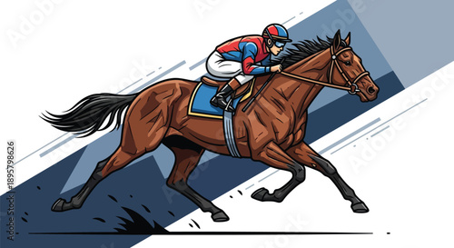 Jockey riding horse at high speed on racetrack