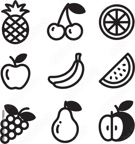 Fruit icon set. featuring apple, banana, pineapple, healthy food and more icons. perfect vector icon collection.