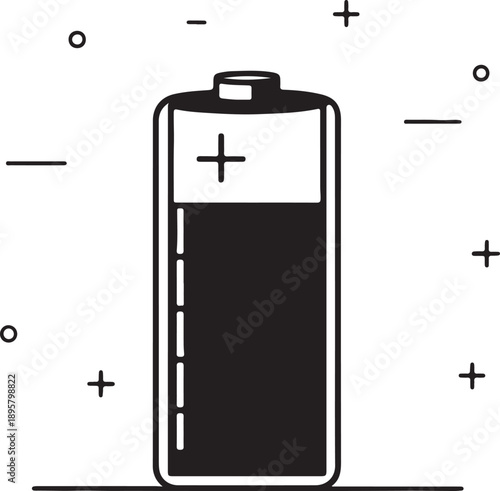 Battery icon indicating full charge, surrounded by plus and minus symbols and minimalist decorative elements for energy and power concepts.