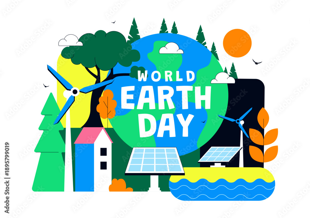 Naklejka premium World Earth Day Vector Illustration April 22 Featuring Global Map With Plants And Trees For Environmental Greening Awareness Flat Cartoon Background