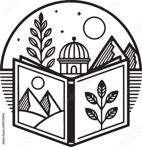 Circular emblem featuring an open book with scenes of mountains, sun, moon, stars, and plants, representing knowledge, adventure, and imagination.