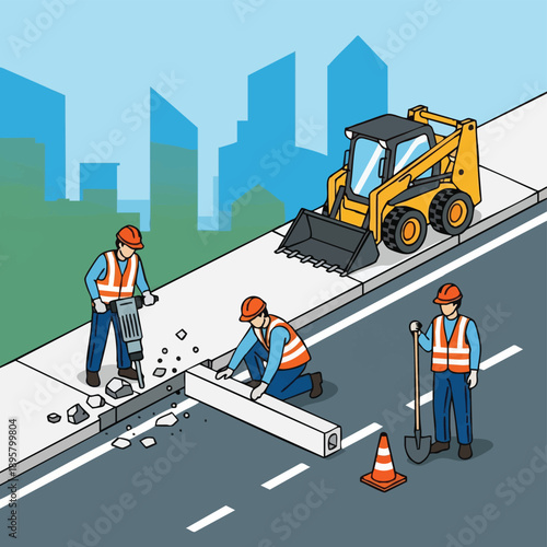 Isometric Road and Curb Construction: Workers Using Jackhammer, Installing Sidewalk Elements, and Operating Skid Steer Loader in City Infrastructure Project Vector