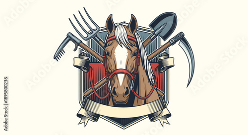 Vintage farm tools and horse heads in shield with banner