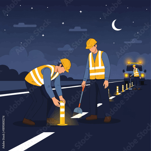 Road Workers in Safety Vests Performing Night Shift Highway Construction and Maintenance, Setting Traffic Cones and Bollards. Vector Illustration.