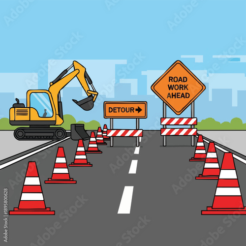 Construction Zone Vector Illustration: Road Work Ahead Sign, Detour, Excavator, and Traffic Safety Cones on Highway