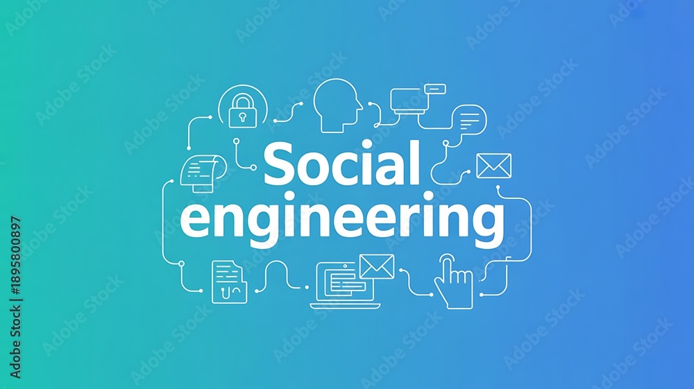 Fototapeta premium Digital illustration of social engineering cybersecurity risks with interconnected line icons