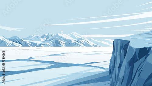 A stylized, pale blue illustration depicts a frozen arctic landscape with mountains.