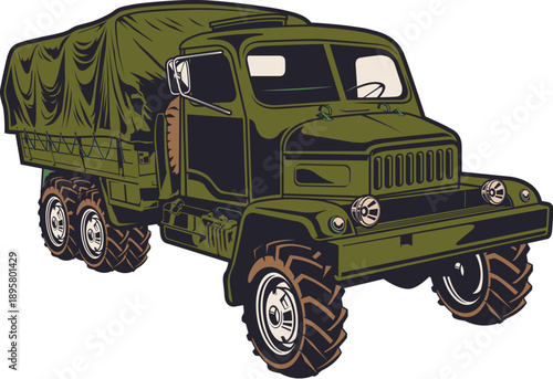 An old green military 4x4 army truck vehicle isolated on white background for heavy off-road transport and armored war transportation