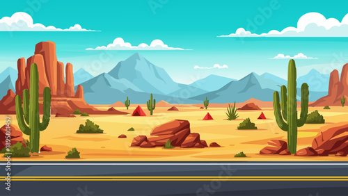 A vibrant desert landscape featuring cacti, rock formations, and distant mountains.