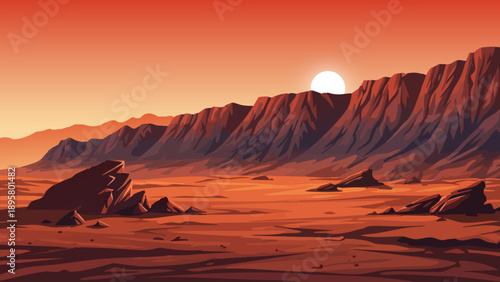 A desolate, red landscape with rocky formations and a bright, setting sun.