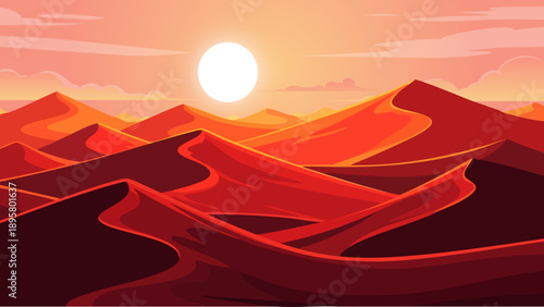 A vibrant desert landscape with rolling dunes illuminated by a glowing sun.