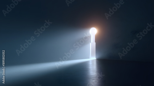Illuminating Vision: A symbolic keyhole glows brilliantly, casting a radiant beam of light within a darkened space, representing enlightenment and new beginnings.