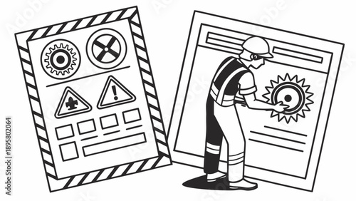 Construction worker reviews technical diagrams showing safety procedures and machinery icons in a simplified graphic style.