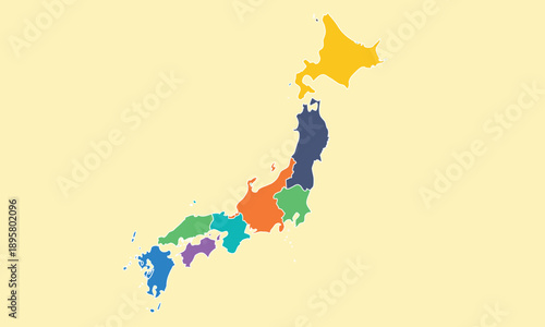 Japan map with colorful prefectures isolated on light background