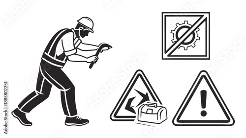 A maintenance worker performs manual labor near prohibition signs indicating machinery shutdown and general hazard warnings.