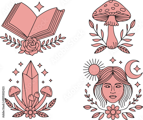 A collection of four mystical themed illustrations featuring an open book mushroom crystal and womans face
