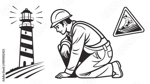 A construction worker kneels thoughtfully near a tall, illuminated lighthouse structure symbolizing guidance and safety oversight.