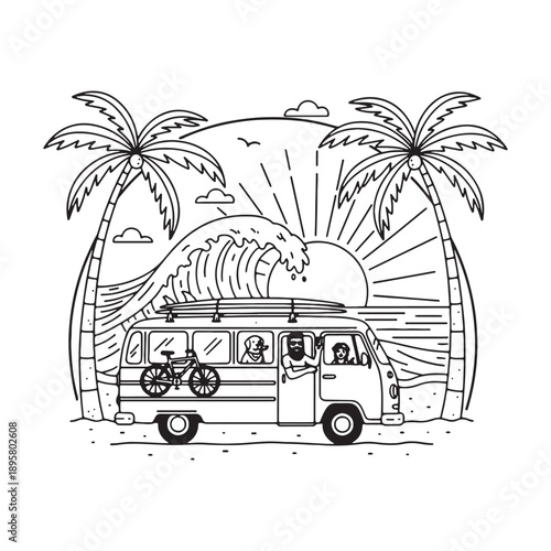 Vintage Summer Van Life Illustration with Surfer Couple, Dog, and Tropical Beach Sunset.