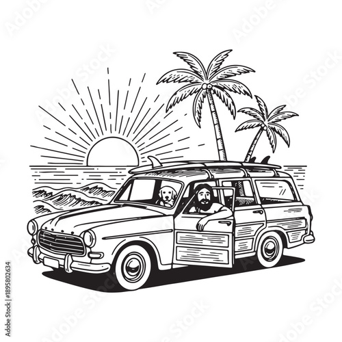 Vintage Summer Road Trip Illustration with Classic Car and Surfer Couple.