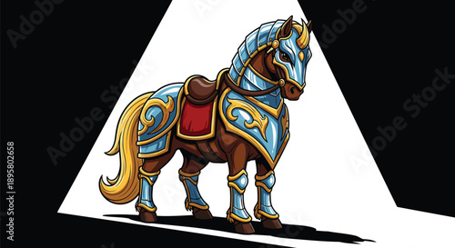 Majestic armored horse in vibrant blue and gold standing strong