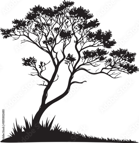 Dramatic black silhouette of a windswept tree with lush foliage and grass, creating a striking natural landscape scene for impactful designs.