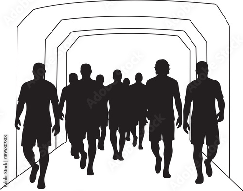 Silhouette of a soccer team walking through a stadium tunnel onto the pitch for a match , Generative Ai