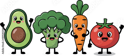 A row of adorable cartoon vegetable characters like avocado broccoli carrot and tomato stand together smiling