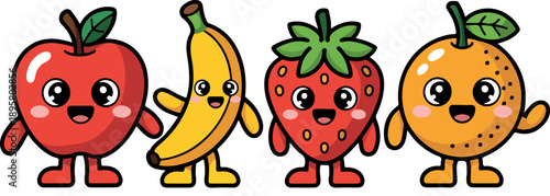 A line of delightful cartoon fruit characters featuring an apple banana strawberry and orange smile brightly