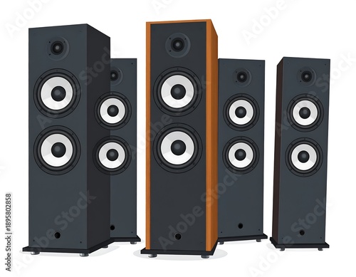 Illustrated group of stereo speakers, with one brown unit and four dark gray