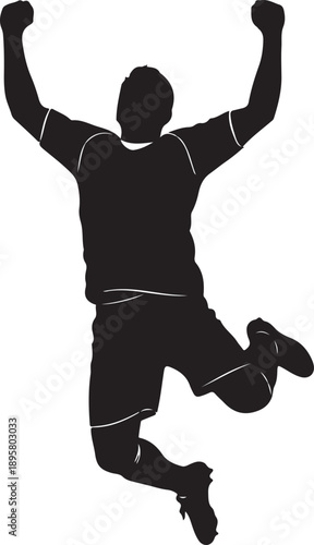 Silhouette of a soccer player jumping in the air with arms raised in a celebration of a goal or win , Generative Ai