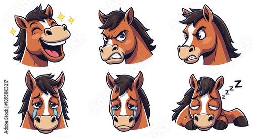 Set of emotive cartoon horse heads showing various emotions
