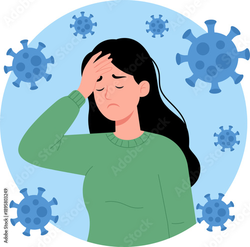 Illustration of a woman suffering from headache or fever surrounded by virus cells