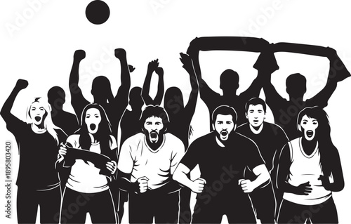 Group of excited sports fans cheering and celebrating with scarves and a ball, vector illustration , Generative Ai