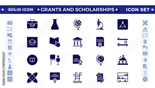 Grants and Scholarships solid icon set. Containing education, research, academic, degree, discipline, bachelor, post graduate icon. Scholarship, financial aid, grant, fellowship, award, icon. 