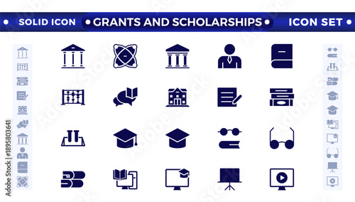 Grants and Scholarships solid icon set. Containing education, research, academic, degree, discipline, bachelor, post graduate icon. Scholarship, financial aid, grant, fellowship, award, icon. 