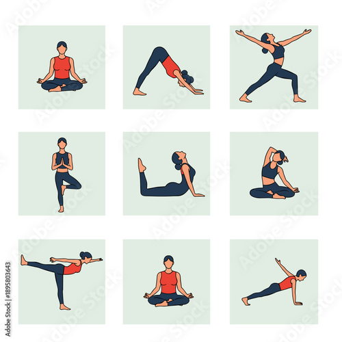 Woman practicing various yoga poses in different positions and styles
